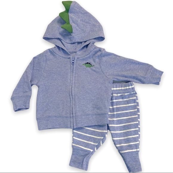 COPY - Carters NB Dinosaur Zip-up Hooded Jacket & Stripe Stretchy pants Blue & … - Picture 1 of 3